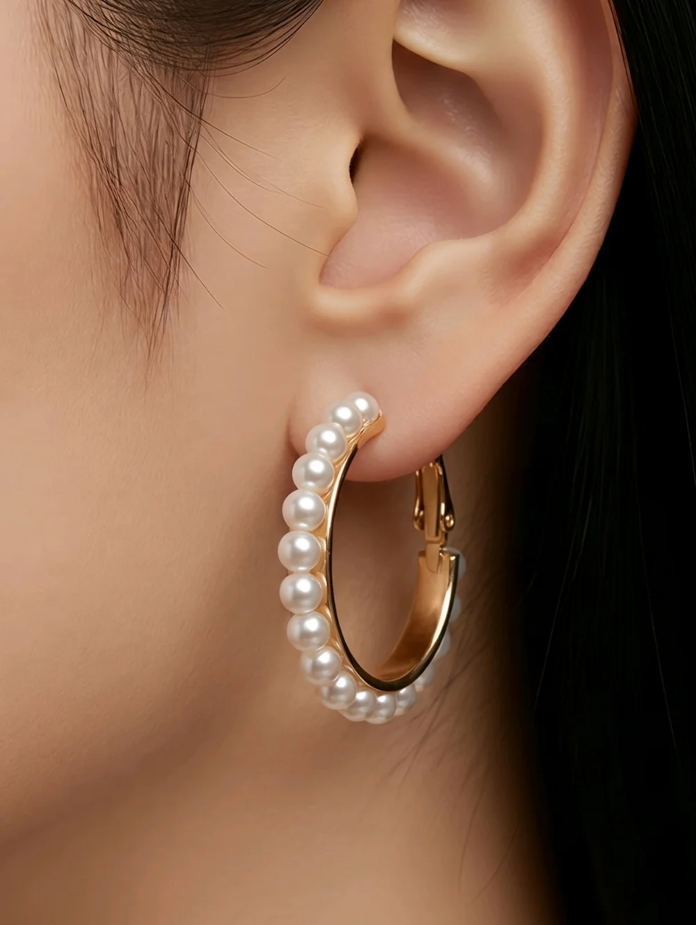 Gold Pearl Hoop Earrings Faux Pearl Trim Hinged Hoops Elegant Quiet Luxury Chic
